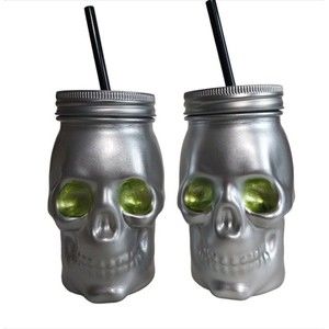 Skull Glass Mason Jar Lid Sipper Straw Halloween Pirate Adult Beverage B…